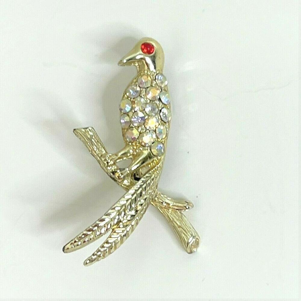 Vintage Rhinestone Parrot Brooch Aurora Borealis Bird Pin Red Eye Gold Tone 1960